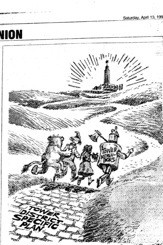 Fresno Bee cartoonist Bob Campbell depicts "Tower Neighbors" as the characters from "The Wizard of Oz," following the yellow brick road from the Tower District Specific Plan towards the Tower Theatre, shining in the distance.